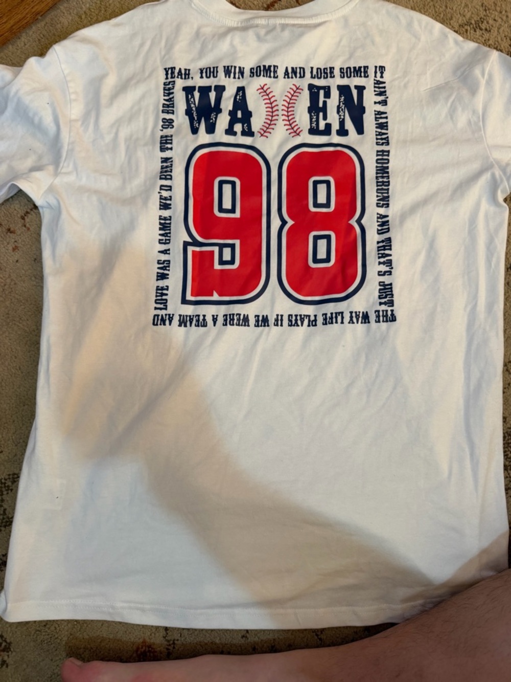 Atlanta Braves White Graphic Tee with Red & Navy '98' Baseball Design